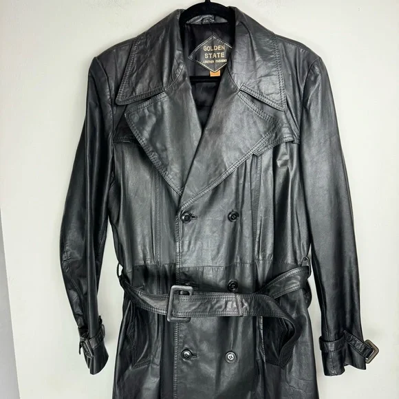 Vtg 80s Golden State Leather Trench Coat Sz 44 Black Belted Trench Coats